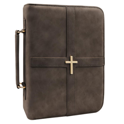 Classic Leather Bible Cover Case with Cross Design and Handle for Men Women, Durable Bible Study Supplies Organizer Carrying Bag, Perfect Christmas Gifts for Christians with Gift Box（Dark Brown