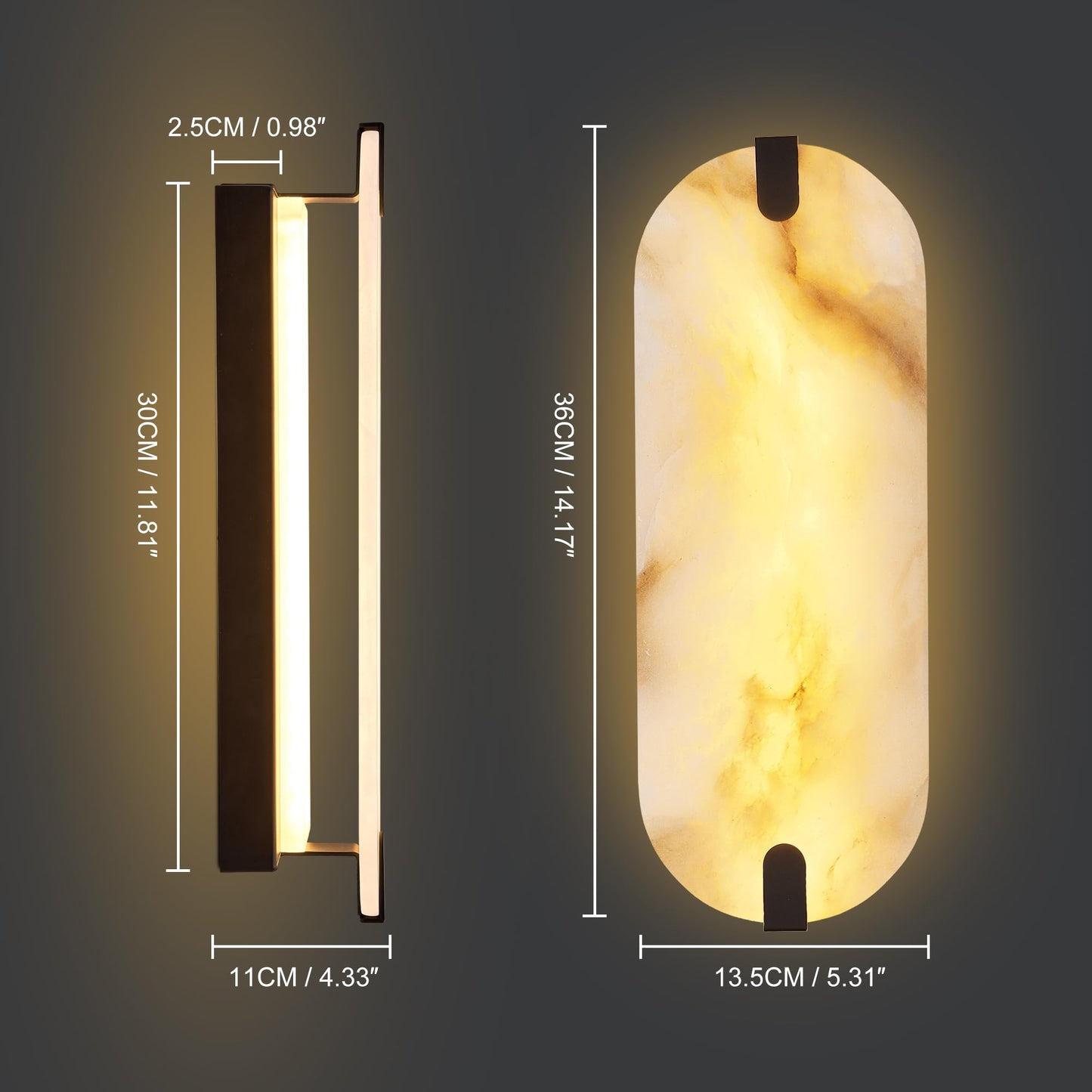 DLUCE 14.17in Alabaster Wall Sconces, Natural Marble Wall Light, Modern LED Alabaster Sconces for Living Room Indoor Wall Lamps for Dining Room Stairs Bedroom,Black