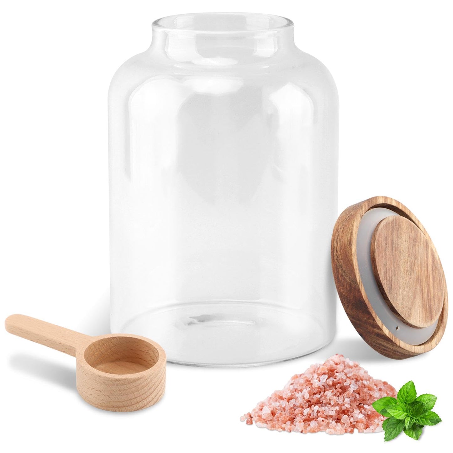 Meluvora Bath Salts Glass Jar, Bath Salt Container with Wooden Lid and Scoop, Glass Food Storage Jars for Home Decor,Tea,Spice,Cereal, Egg,Flour,Coffee(73 oz,Clear)
