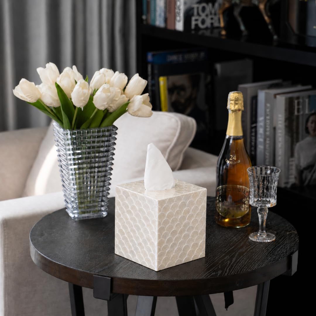 5.9" Capiz Shell Tissue Box Cover for Kleenex and More, Square Decorative Holder with Bottom Slider, Handmade Bathroom Accessory Coastal Décor (Natural)