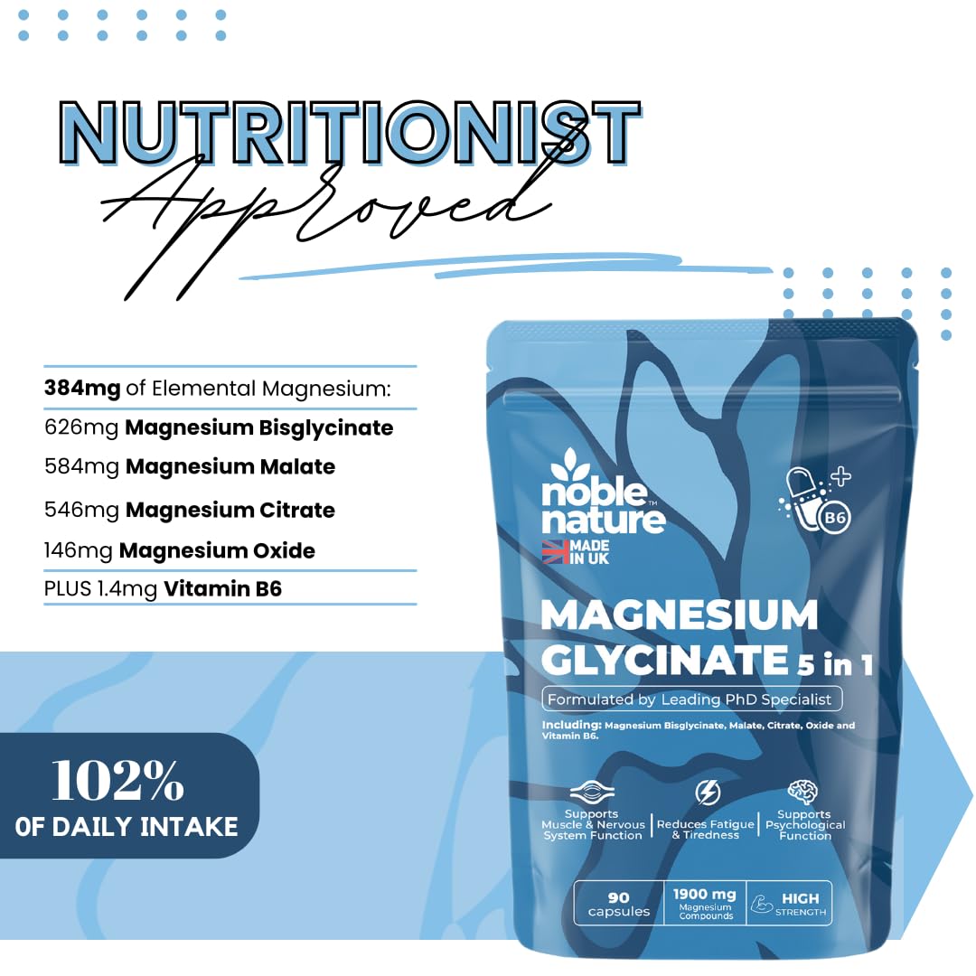 Magnesium Glycinate 5-in-1 Complex Formulated by PhD Expert High Strength 1900mg Supplements as Bisglycinate, Malate, Citrate, Oxide & Vitamin B6-90 GMO Free Capsules, 384mg Elemental, UK Made (90)