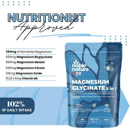 Magnesium Glycinate 5-in-1 Complex Formulated by PhD Expert High Strength 1900mg Supplements as Bisglycinate, Malate, Citrate, Oxide & Vitamin B6-90 GMO Free Capsules, 384mg Elemental, UK Made (90)