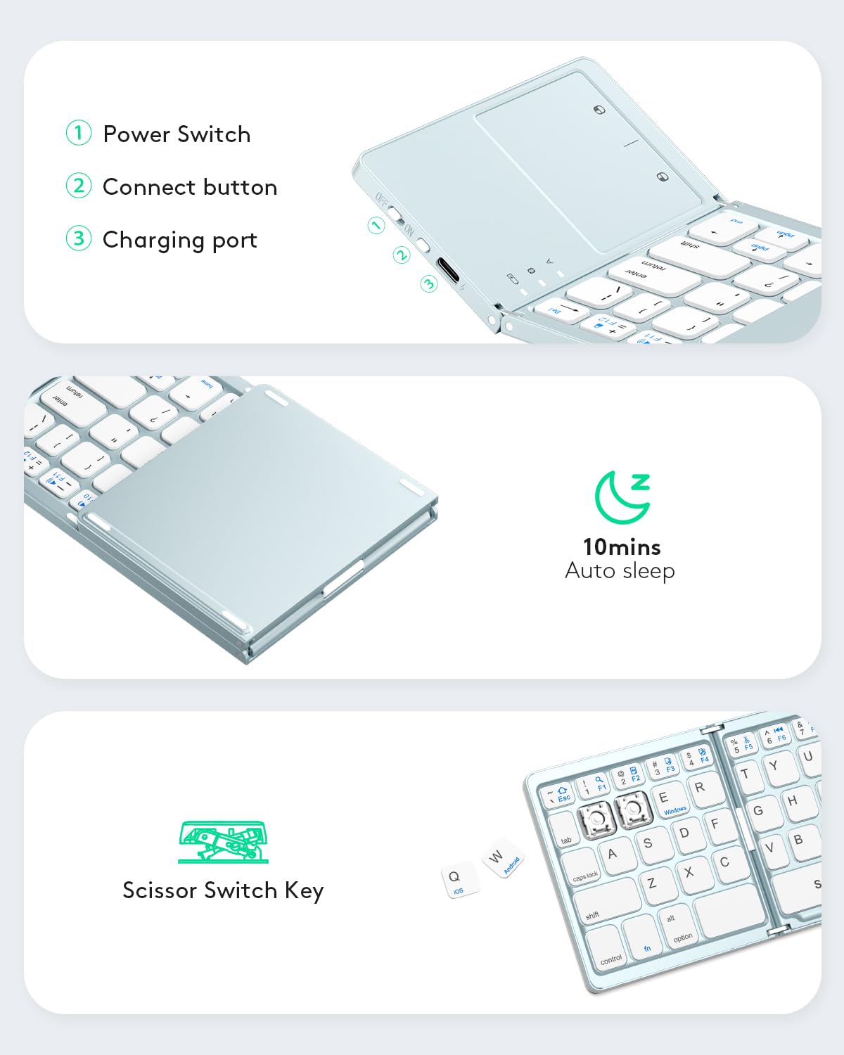 Samsers Foldable Bluetooth Keyboard with Touchpad - Portable Wireless Keyboard with Holder, Rechargeable Full Size Ultra Slim Pocket Folding Keyboards for Android Windows iOS Tablet & Laptop - Black