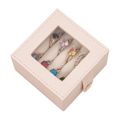 SANQIANWAN Small Leather Jewelry Box with Glass Top Mini Ring Display Case with 8 Slots for Selling Gift for Girls and Women (Pearl White)