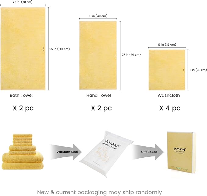 SEMAXE Yellow Bath Towel Set, 100% Cotton Absorbent Bathroom Towels
