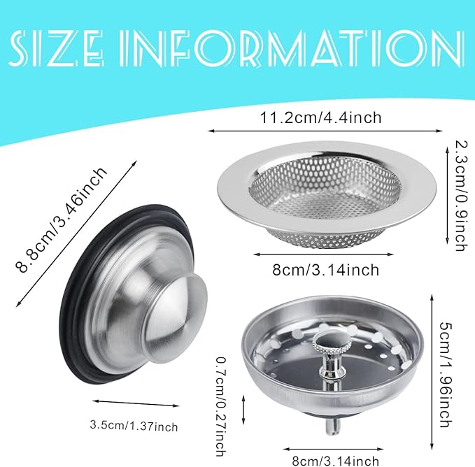3 Pieces Kitchen Sink Stopper Strainer, 3 in 1 Kitchen Sink Basket Strainer