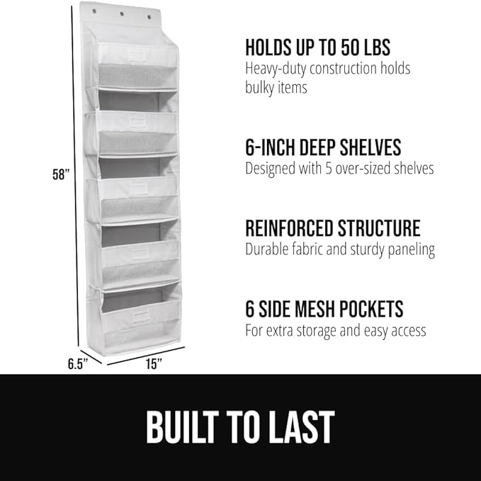 GORILLA GRIP Over The Door Organizer Storage, 5 Deep Hanging Shelves, Holds