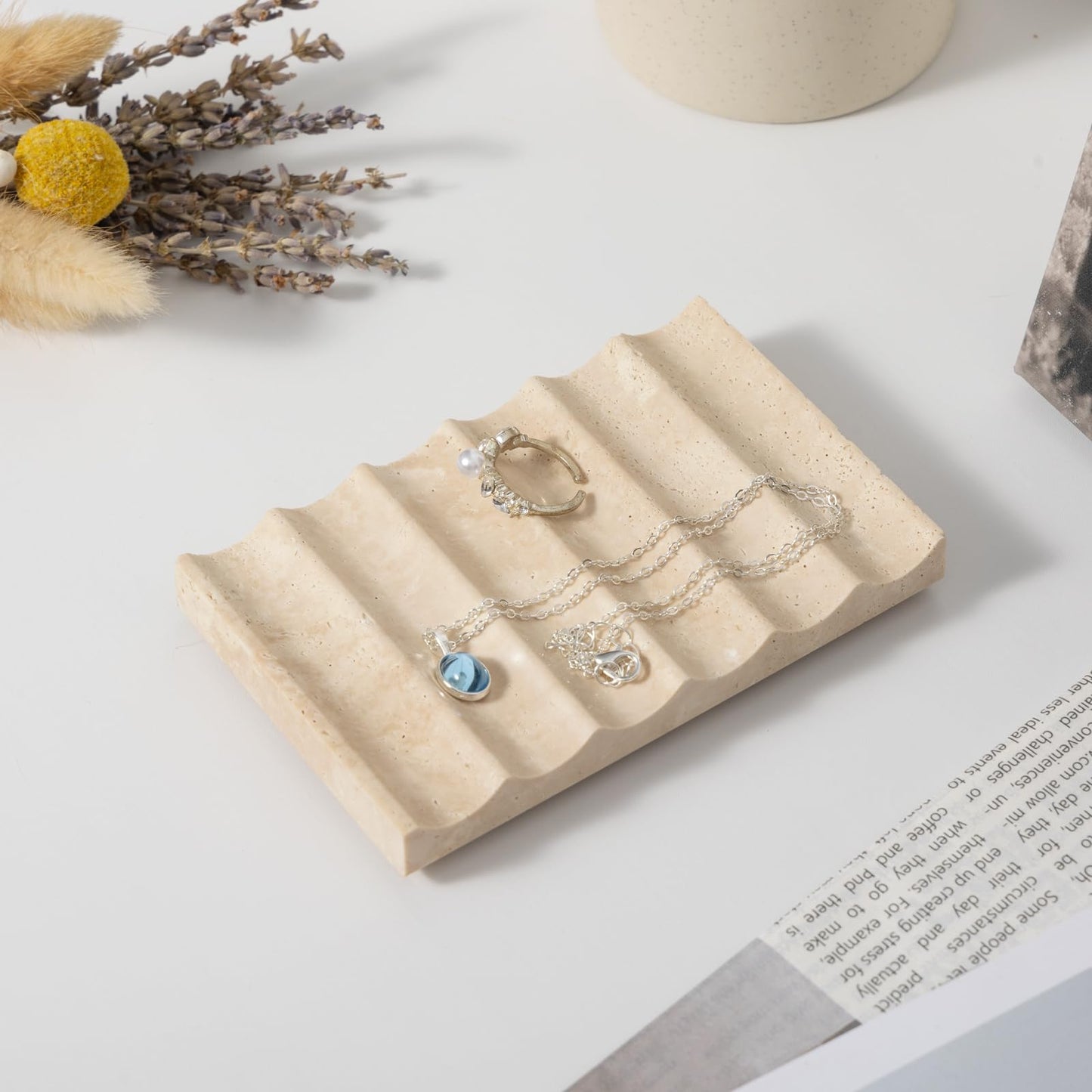 Soap Dish Rectangular, Beige Travertine Stone Soap Holder with Self Draining - Shower Bathroom Kitchen, Jewelry Ring Display Tray