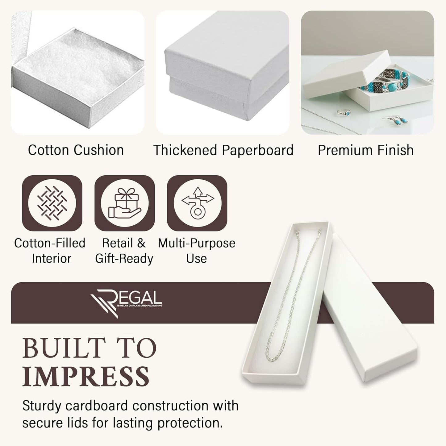 RJ Displays 50 pack Assorted Size White Paper Cardboard Cotton Filled Jewelry Gift Box for Ring, Earring, Charm, Pendant, Necklace, Bracelet, Bangle, Anklet, Belt Buckle, Brooch, and Watch