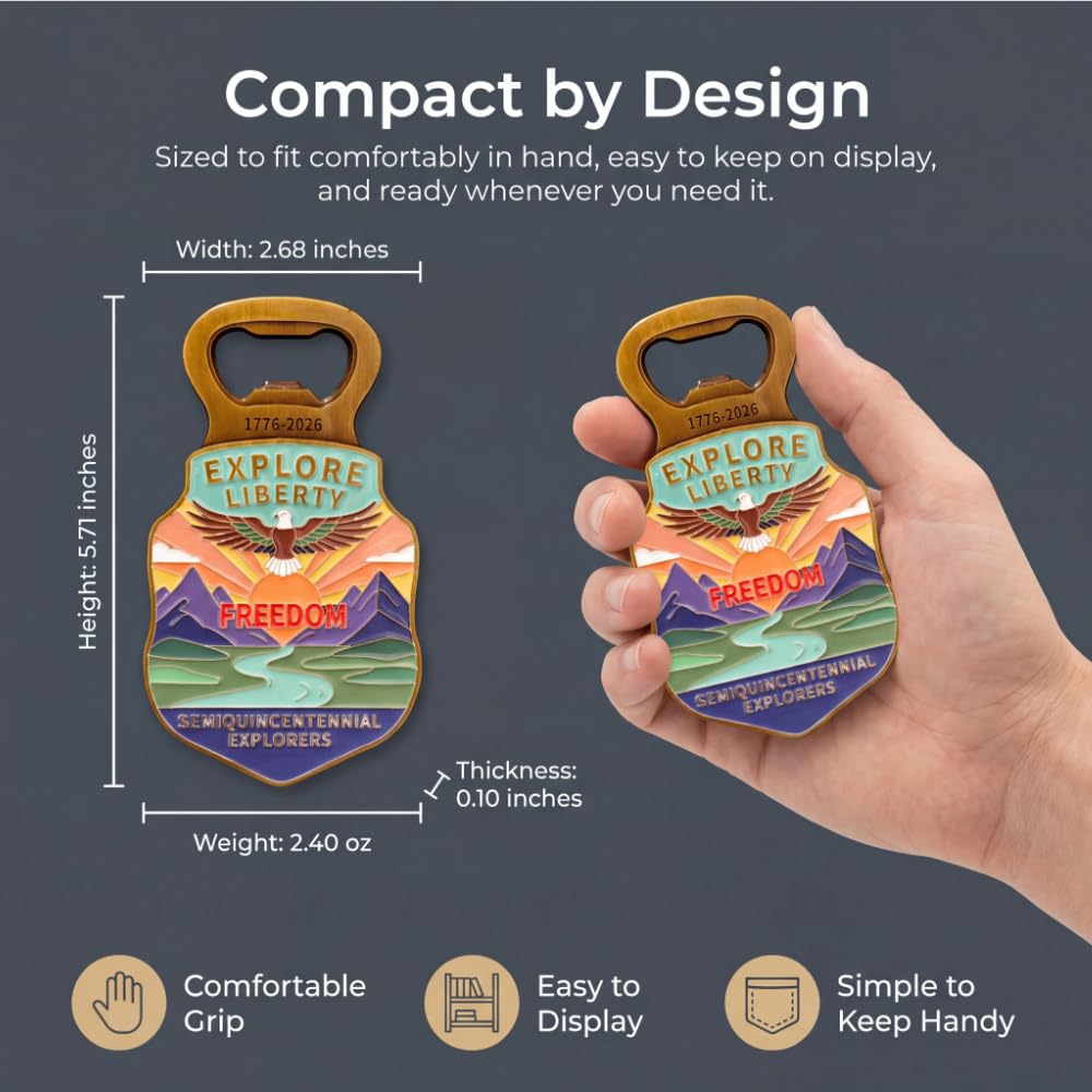 1776-2026 Commemorative Bottle Opener & Fridge Magnet - Heavy Duty Zinc Alloy Patriotic Beer Opener, 250th USA Independence Anniversary Souvenir, July 4th Gift for Men, Veterans & History Fans