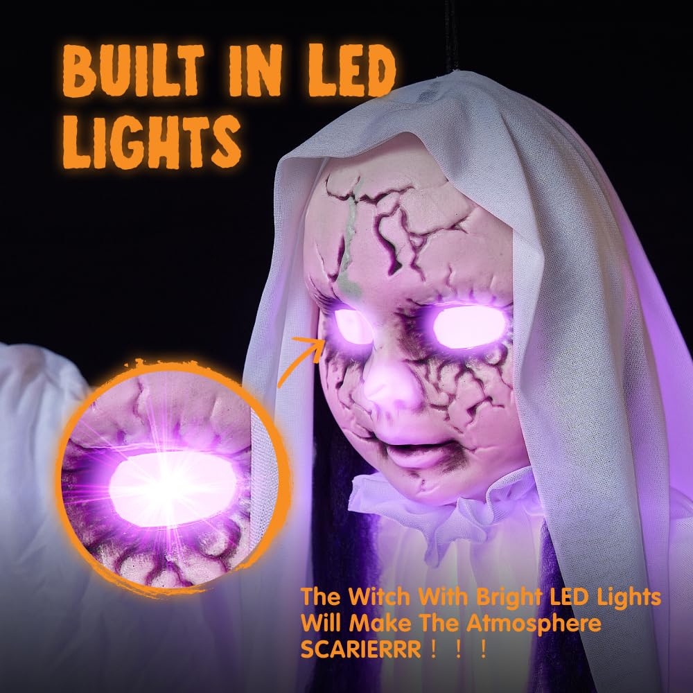 JOYIN 43" Outdoor Halloween Decoration, Scary Girl Hanging Ghost Decor Sound Activated with Light-up Head for Yard, Patio, Haunted House Lawn Garden