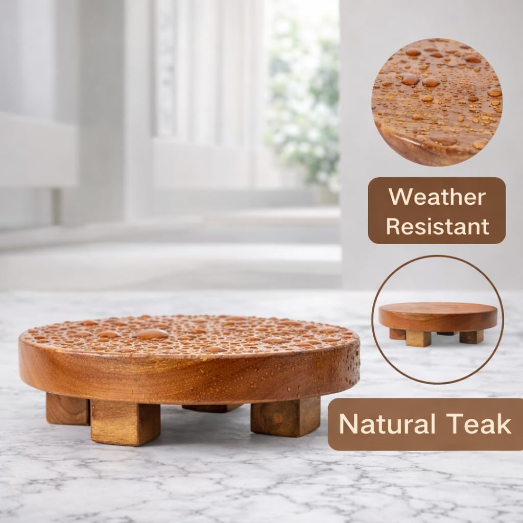 JOLLYMER Teak Handmade Display Riser for Bathroom Counter Decor, Round Pedestal Stand for Shelf, Home Centerpiece Decor