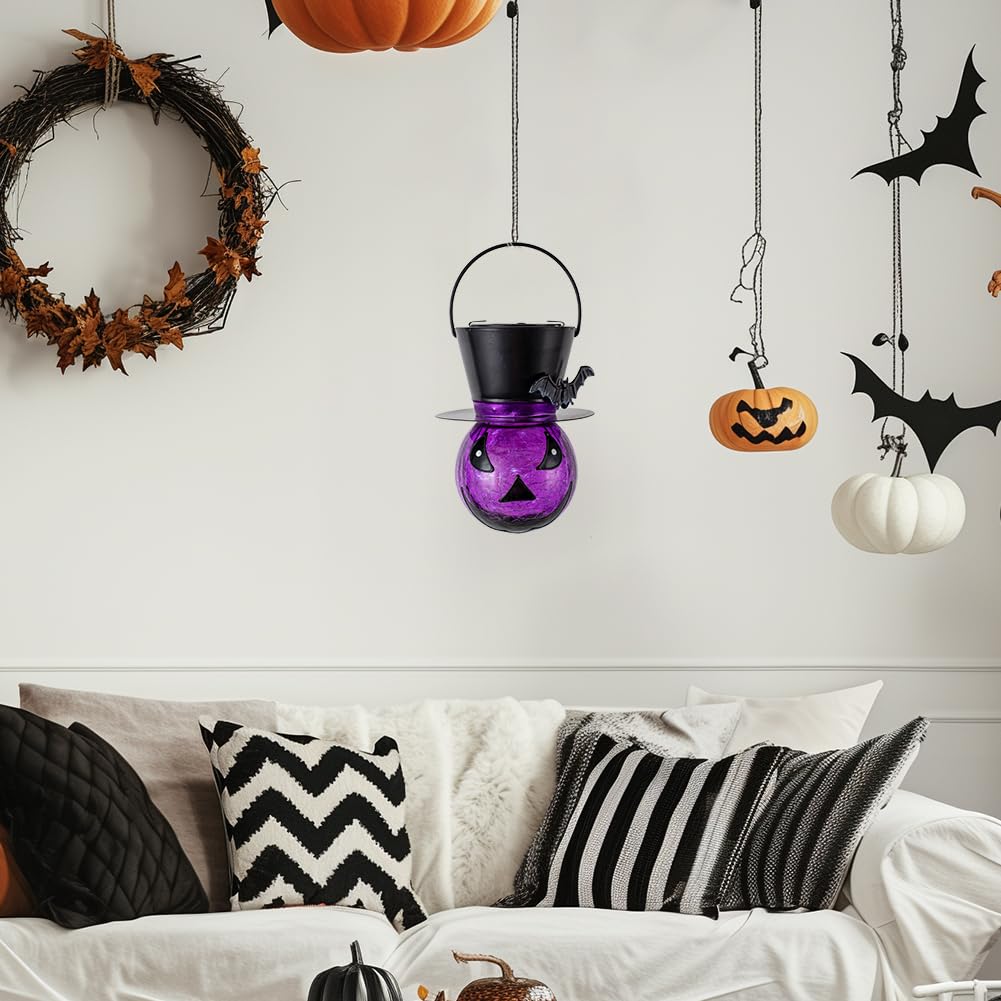 STARSOUL Halloween Solar Lanterns Purple Ghost and Bat, Hanging Solar Halloween Decorations, Halloween Solar Lights for Outdoor Garden Patio, Gifts for Women Grandma (with Shepherd Hook)
