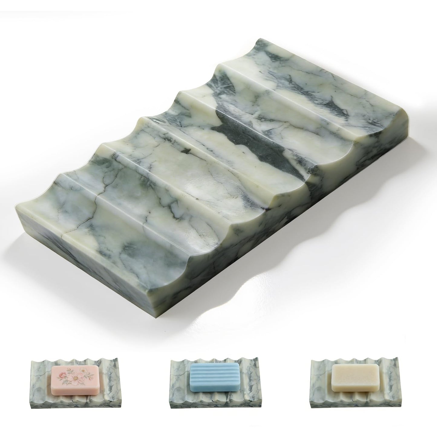 Marble Soap Dish, Draining Soap Dish - Rectangular Lotus Green with Natural Stone Texture, Non-Slip Bathroom Soap Holder for Shower/Bathroom Countertop, Decorative & Durable