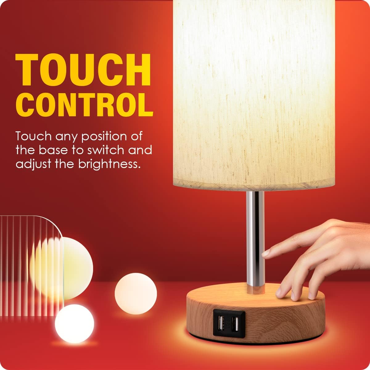 Yarra-Decor Bedside Table Lamp with USB Ports - Touch Control for Bedroom 3 Way Dimmable Nightstand Lamp with Round Fabric Shade for Living Room, Dorm, Home Office, Corded Electric, Without Battery