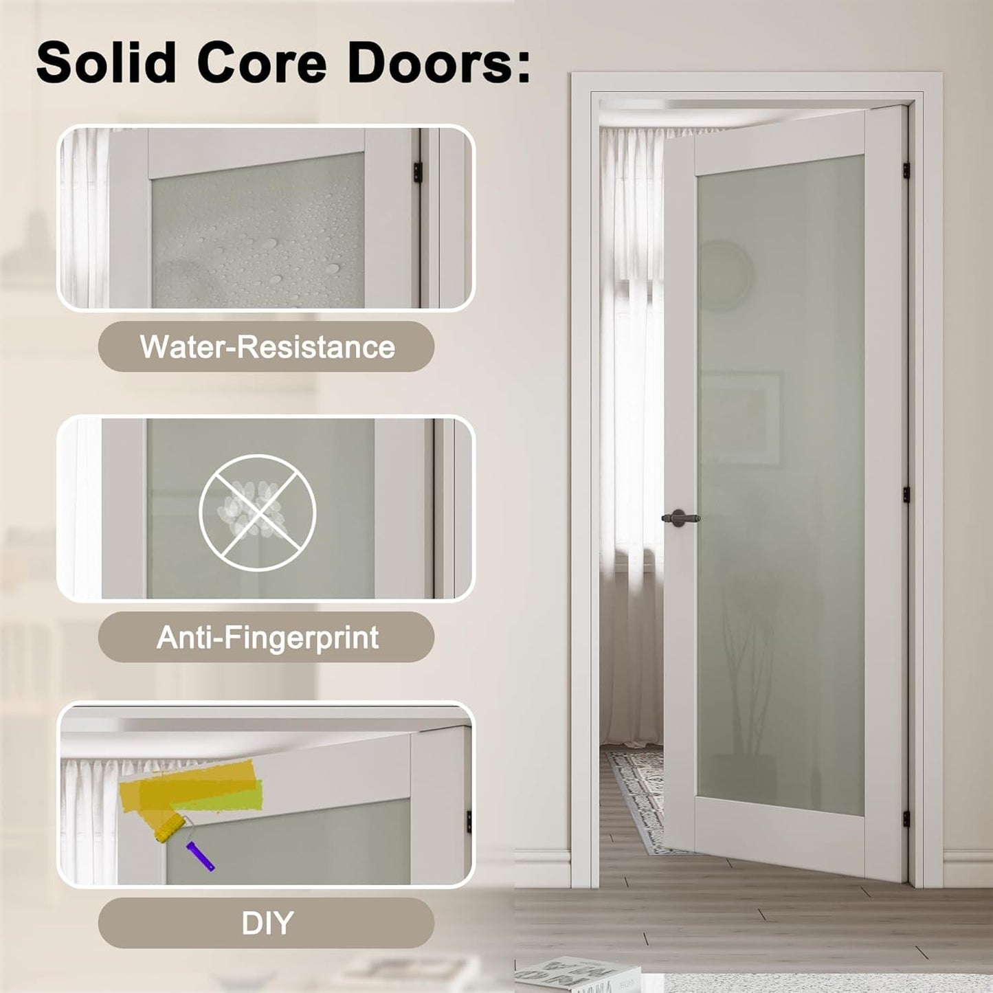 CRUTOP 36''x80'' 5-Panel Clear Glass Interior Door Slab Shaker, Pre-Built Panel for Barn Doors, Pocket Doors, French Door; for Pantry, Bedroom, Closet, Laundry&Bathroom White Prefinish&Paintable