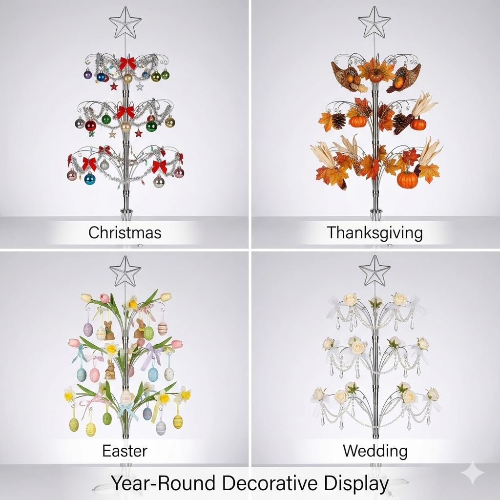 HOHIYA 47" Rotating Ornament Display Tree with 60 Hooks Heavy Duty Metal Christmas Ornament Stand Silver Rotating Display Rack for Glass Ornaments Holiday Decor Craft Show & Year Round Display