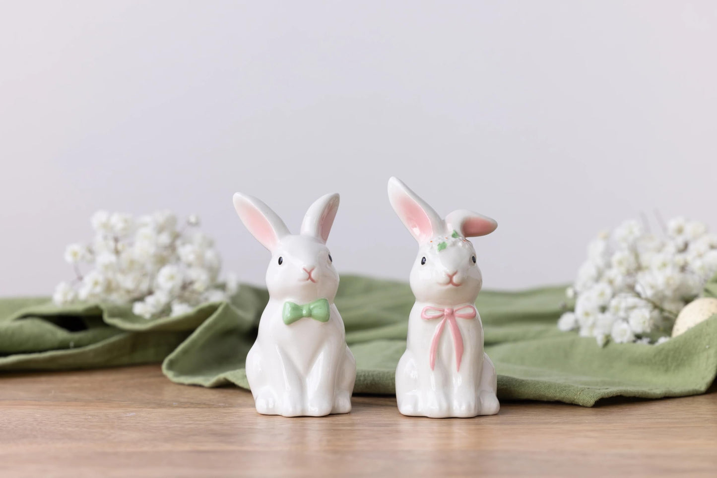 The Bridge Collection Ceramic Bunny Salt And Pepper Shaker Set – White Rabbit Shakers With Pink And Green Bow Details – Easter Table Decor And Spring Kitchen Accent