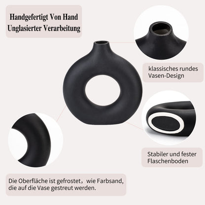 CEMABT Black Donut Vase Hollow Ceramic Vase for Flowers Handmade Minimalist Boho ins Style Modern Home Decor for Wedding Dinner Table Party Living Room Office Bedroom（M