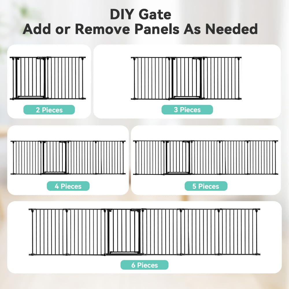 COMOMY 380cm Extra Wide Baby Gate, Dog Gates for Stairs Doorways, Fire Guard Safety Gates for Kids&Pets, Auto Close Baby Fence Barrier Indoor with Door, Hardware Mounted, 6-Panels (76cm Tall, Black)