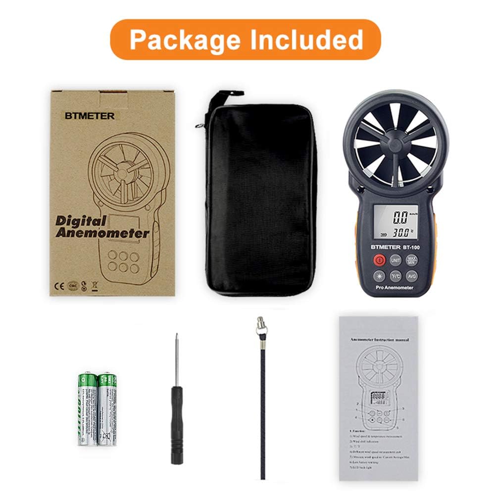 Digital Anemometer Handheld - BTMETER BT-100 Wind Speed Meter Gauge, Accurately Measure Wind Velocity Temperature Speed for CFM with MAX/MIN/AVG, Backlight LCD, HVAC