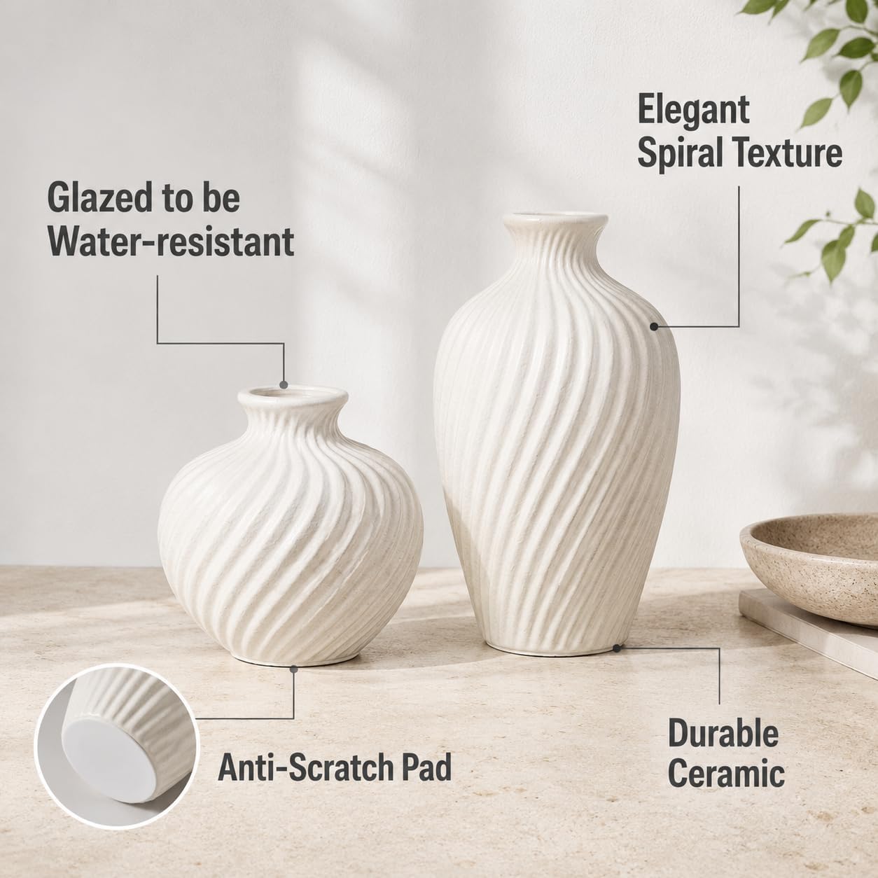 White Ceramic Vase Set of 2 - Modern Flower Vases for Home Decor - Rustic Textured White Vase for Living Room Decor - 8.65×5.5 & 5.5×5.5 Inch Round Vases for Dining Table Centerpiece Decoration