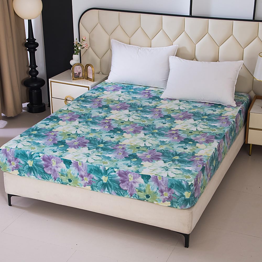 NATURETY Bedding Fitted Sheet with Deep Pocket,Oil Painting Style Fabric Bed Sheets (Green Floral,Queen)