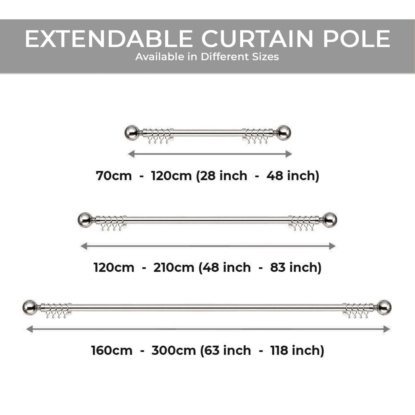 Aspire Homeware Curtain Poles Metal Plain Ball Extendable Curtain Pole 160 cm to 300 cm Brushed Silver Adjustable Curtain Rod 28 mm Diameter with 60 mm Finials, Rings, Brackets, and Fittings Set