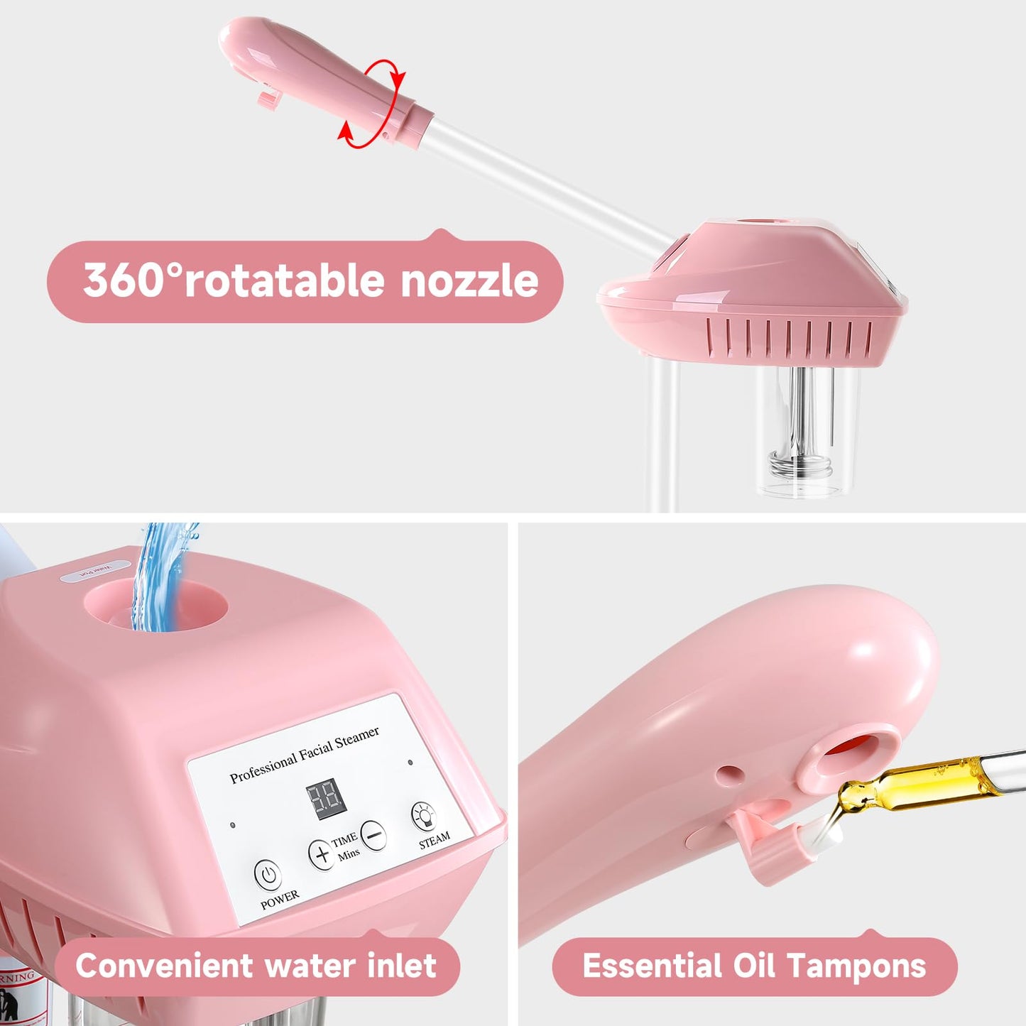Professional Facial Steamer, 2In1 Face Steamer on Wheels for Facial Deep Cleaning, SPA Facial Steamer for Esthetician with 5X Magnifying Lamp, Stand Face Steamer with Time Setting, Pink