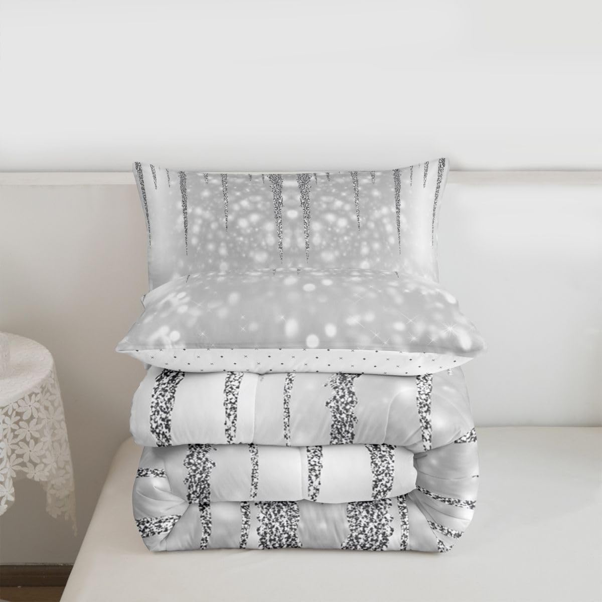 Grey Glitter Comforter Set Queen Size,3D Diamond Pearls Silver Bedding Sets for Kids Teens Girls Women Room Decor Luxury Sparkling Jewelry Quilt Set Starlight Galaxy Duvet Insert,2 Pillowcases