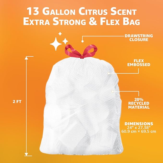 Amazon Basics Extra Strong & Flex Tall Kitchen Drawstring Trash Bags, Citrus