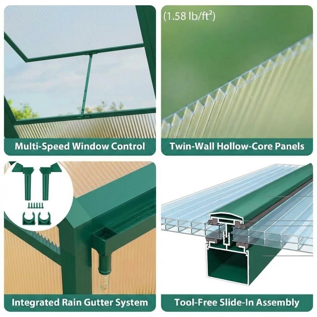 6x8 FT Greenhouse, Polycarbonate Walk-in Greenhouse for Outdoors with Roof Vent & Lockable Smooth-Gliding Sliding Door, Heavy-Duty Aluminum Green House for Garden, Backyard, Patio, Lawn, Deep Green