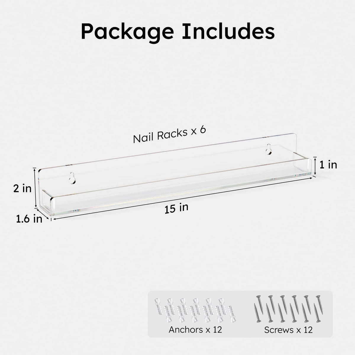 FEMELI Nail Polish Wall Rack: 6 Shelves 15 Inch Clear Acrylic Nail Polish Organizer for 66-90 Bottles Multi-Purpose Acrylic Floating Shelves (15 Inch, Clear)