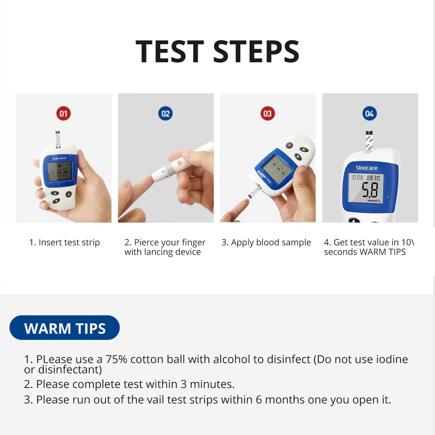 sinocare Blood Glucose Meter/Blood Sugar Monitor Safe-Accu2 /Blood Sugar Test Kit with Test Strips x 50 & Case for UK Diabetics -in mmol/L