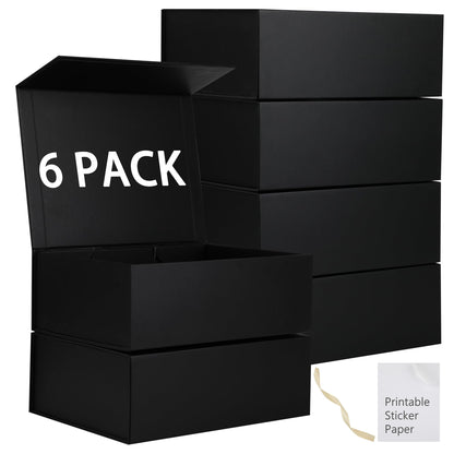 MUMUPACK 6 Pack Black Gift Boxes With Lids,12x8x4.5 Inch Bridesmaid Proposal Box And Printable Stickers,Proposal Boxes With Ribbon For Wedding, Packaging, Present, Birthday