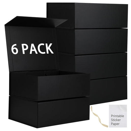MUMUPACK 6 Pack Black Gift Boxes With Lids,12x8x4.5 Inch Bridesmaid Proposal Box And Printable Stickers,Proposal Boxes With Ribbon For Wedding, Packaging, Present, Birthday