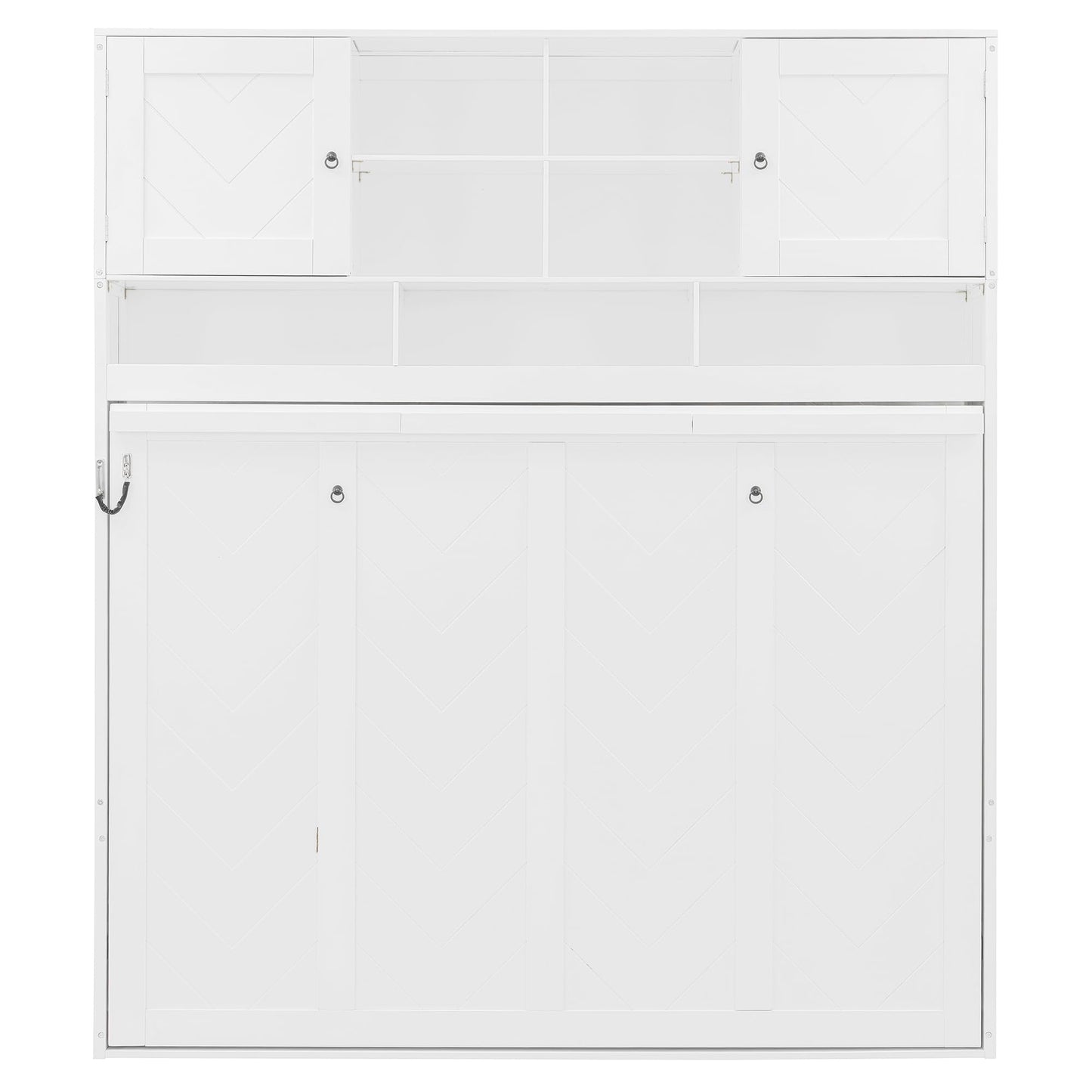 Merax Queen Murphy Bed with Storage, Space-Saving Wall Bed Cabinet, Foldable Queen Size Wall Bed with Hydraulic Lift, Chevron Stripe Design, Large Storage Space, 600 lbs Capacity, White