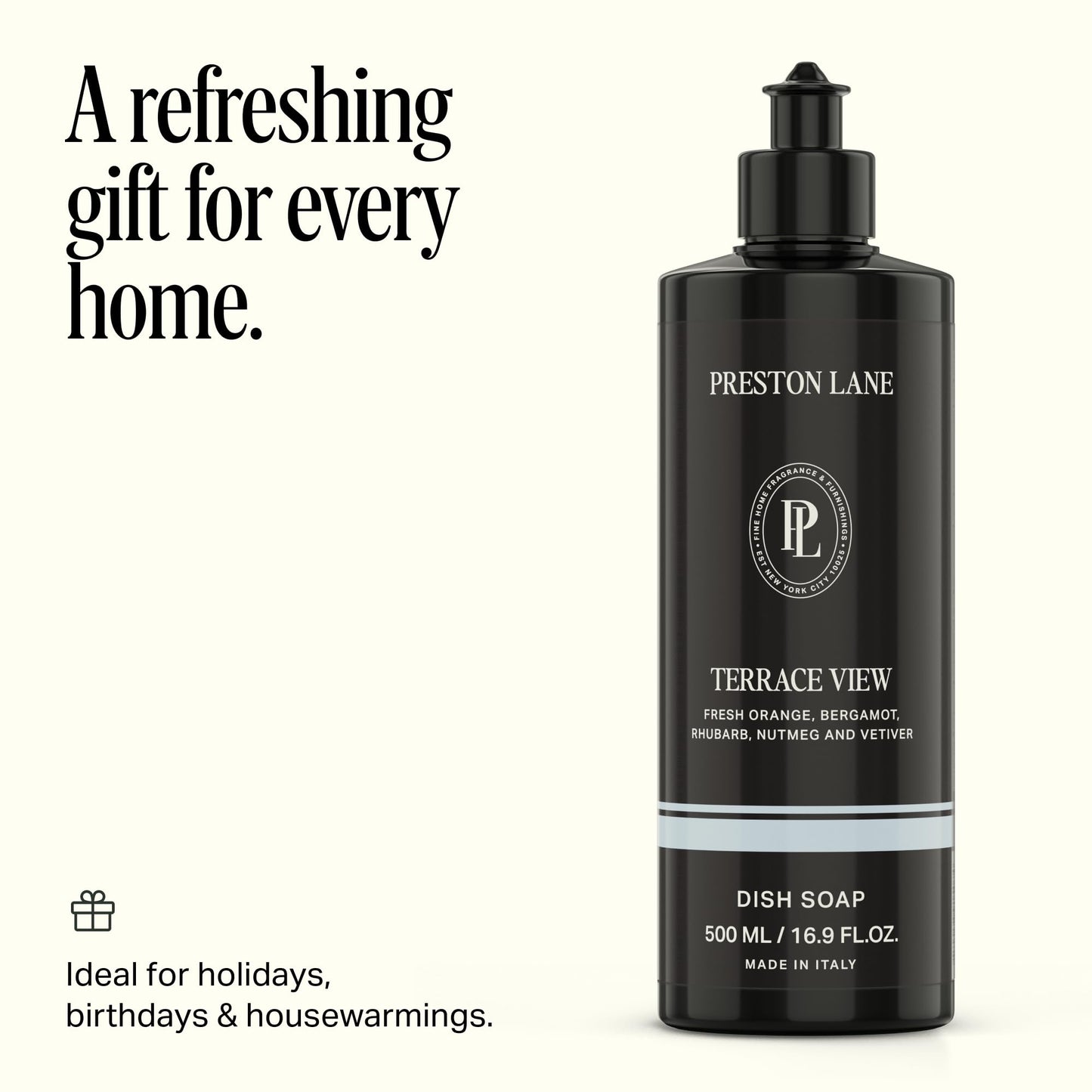 Preston Lane Luxury Dish Soap, Terrace View Scent – Plant-Powered Formula with Essential Oils | Tough on Grease, Gentle on Hands | Vegan, Cruelty-Free, Clean Ingredients