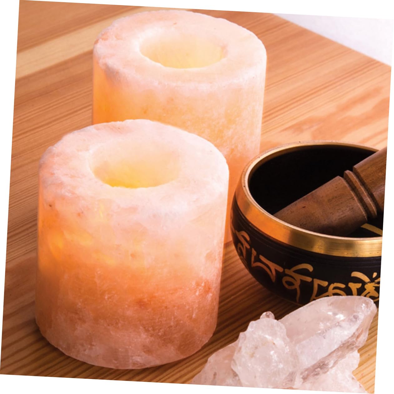 VOSAREA 2pcs Himalayan Salt Candle Holder Decorative Desktop Ornament for Living Room Unique Pattern Design for Dining Table Office Decor Cozy Home Accent