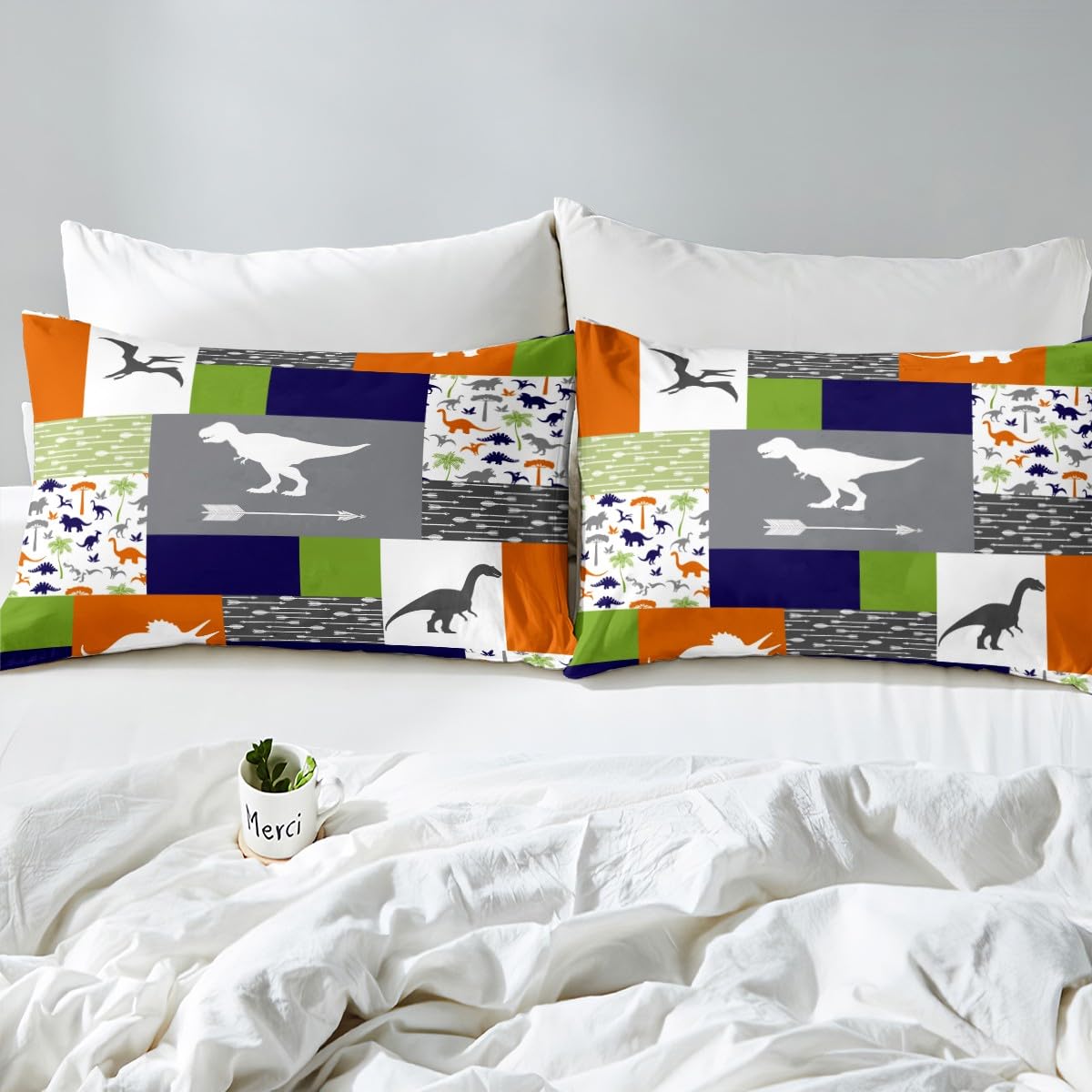 Dinosaur Bedding Set Queen,Dinosaur Silhouette Comforter Cover for Boys Girls,Kids Arrow Printed Duvet Cover Set Blue Orange Green Bedspread Cover Fashion Teens Bedroom Decor 3 Pcs Bed Collection
