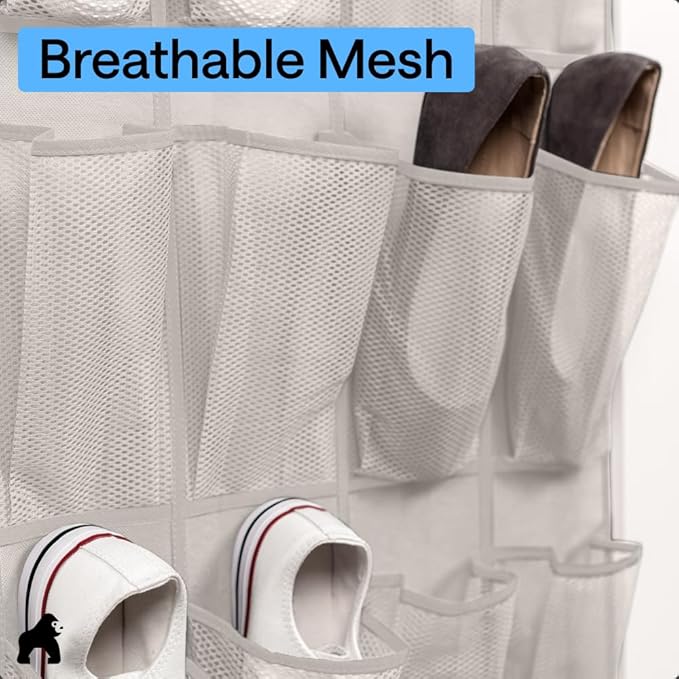 GORILLA GRIP Over the Door Shoe Organizer, 24 Large Breathable Mesh Pockets