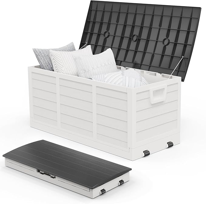 VINGLI 75 Gallon Collapsible Outdoor Storage Box, Simple-to-assemble Plastic Storage Containers with Lid, Patio Deck Box Furniture for Garden, Pool, Balcony, Yard (White)