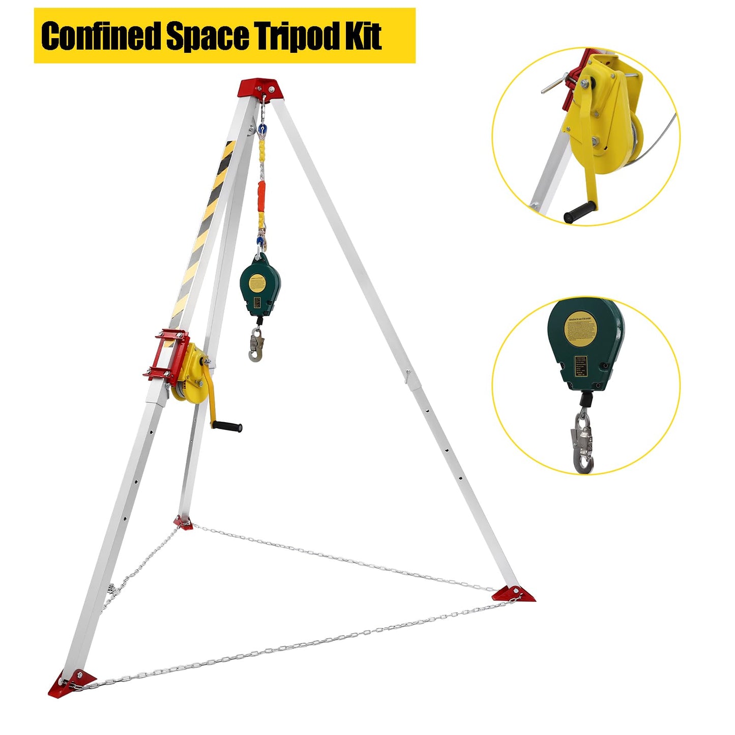 Confined Space Tripod Kit, Tripod Kit with 1200LBS Winch, Confined Space Rescue Tripod | 6.5ft Leg Bracket | 5-6.5ft Working Height | 396.83lbs Tripod Load | 65.62ft Steel Wire Rope Length