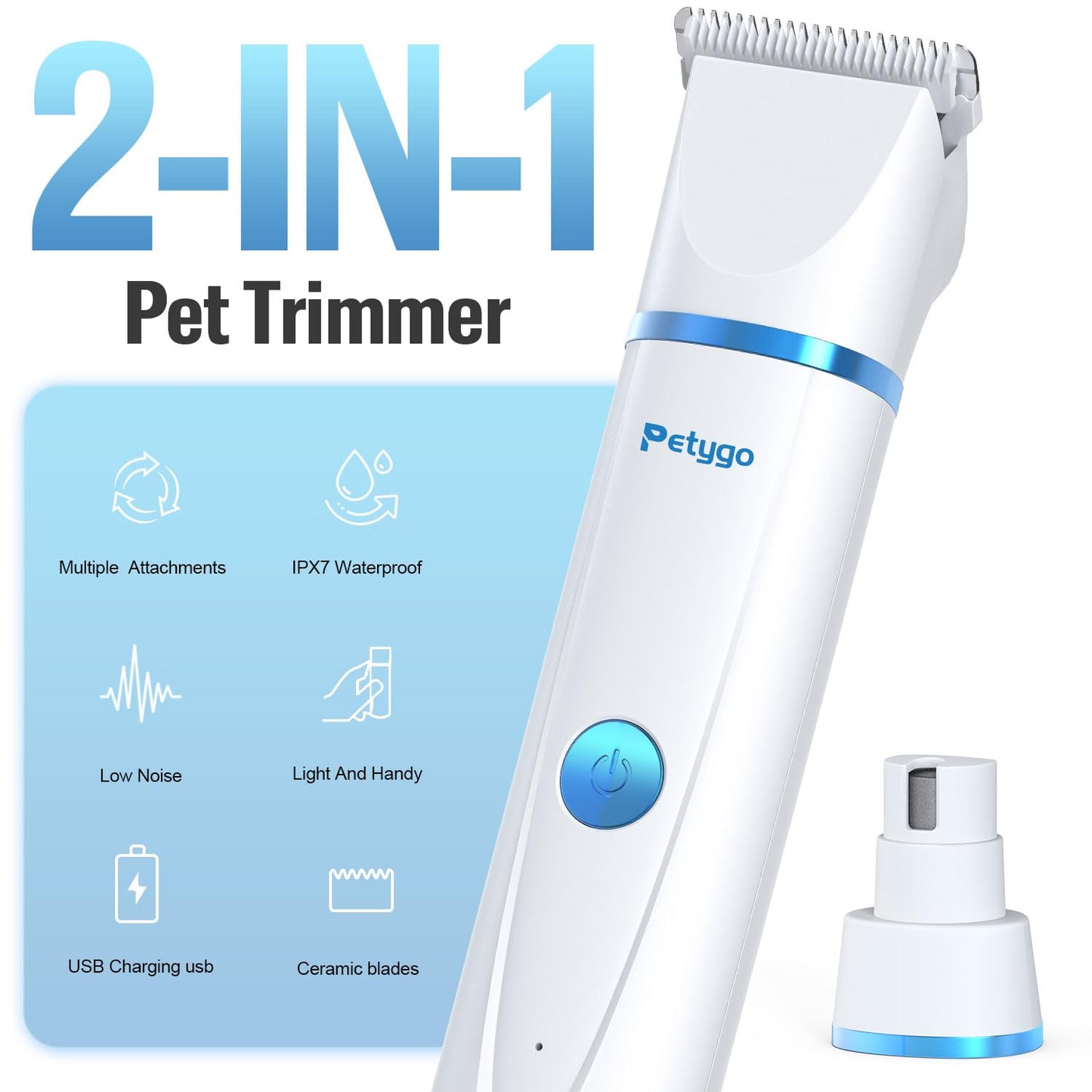 PETYGO 2-in-1 Dog & Cat Grooming Kit - Rechargeable Cordless Pet Hair Clippers with Nail Grinder & Paw Trimmer & 4 Guide Combs, Low Noise Dog Clippers for Grooming Small Medium Pets