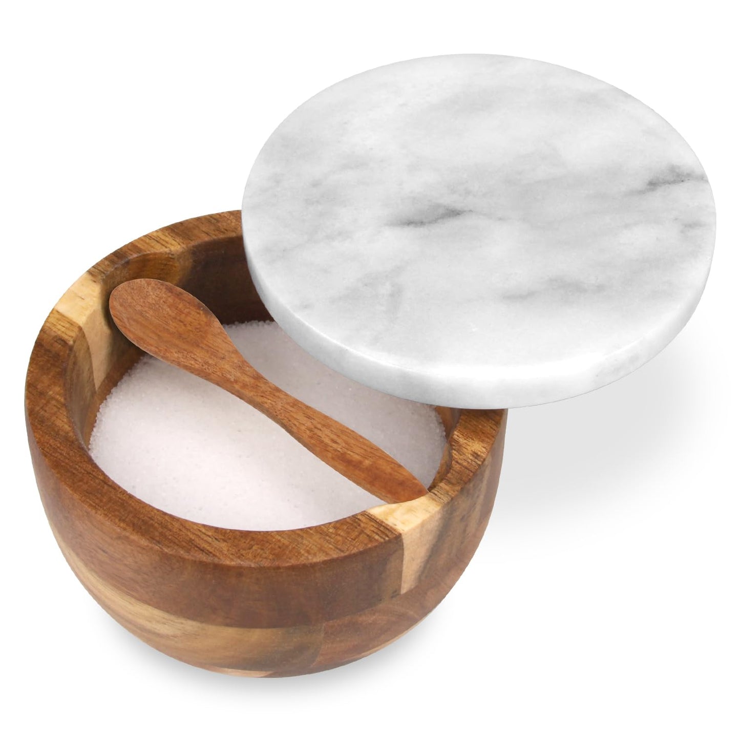 HESHIBI Salt Cellar Box with Lid & Spoon, Modern White Stone Salt or Pepper Sugar Spice Seasoning Bowl Container Jar Holder Well Keeper Dish Pig Crock for Kitchen (White Grey Marble Lid)