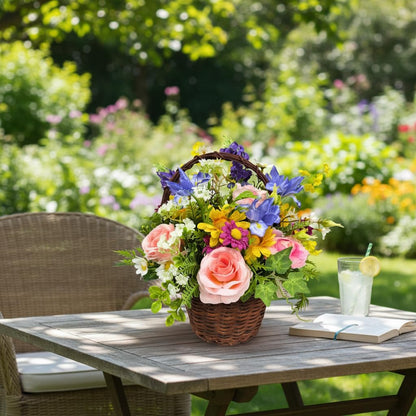 Lnymura Pre-lit Spring Summer Rose Flower Basket with Timer 13 Inch Rustic Floral Arrangement Table Centerpiece with Wildflower, Roses, Daisies and 10 Warm White LEDs for Home Kitchen Decor
