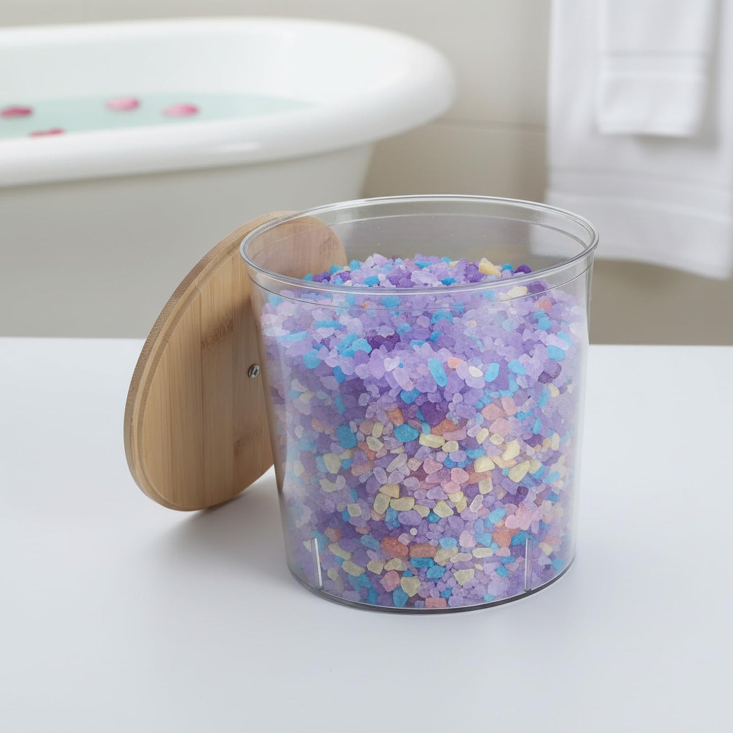 Yomjarl Bath Salt Container,2 Pack Clear Plastic Storage Bathroom Canisters with Wooden Lids & Handle,Airtight Bath Salt Dispenser Jars for Bathroom Organization Accessories,Bathtub Decor Box- Round