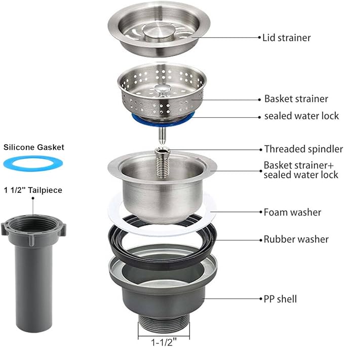 3-1/2'' Kitchen Sink Drain Kit Sink Drain Basket Sink Drain Assembly 304