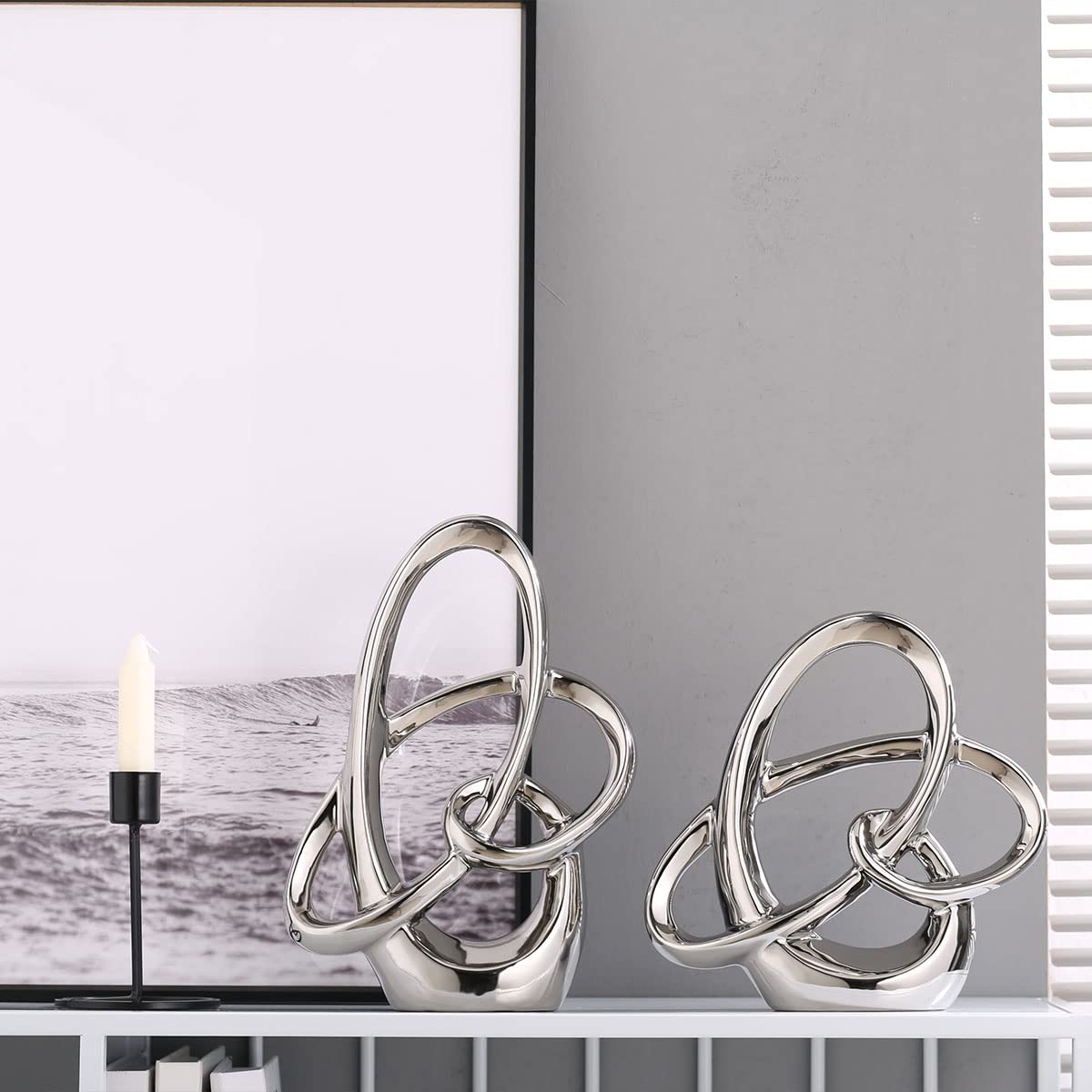 Modern Silver Decor Ceramic Statue - Abstract Home Accent & Tabletop Figurine for Living Room, Bedroom, Bathroom, Office, Shelf, Mantel - Wedding, Coffee Table, Dining Room Centerpiece Decoration