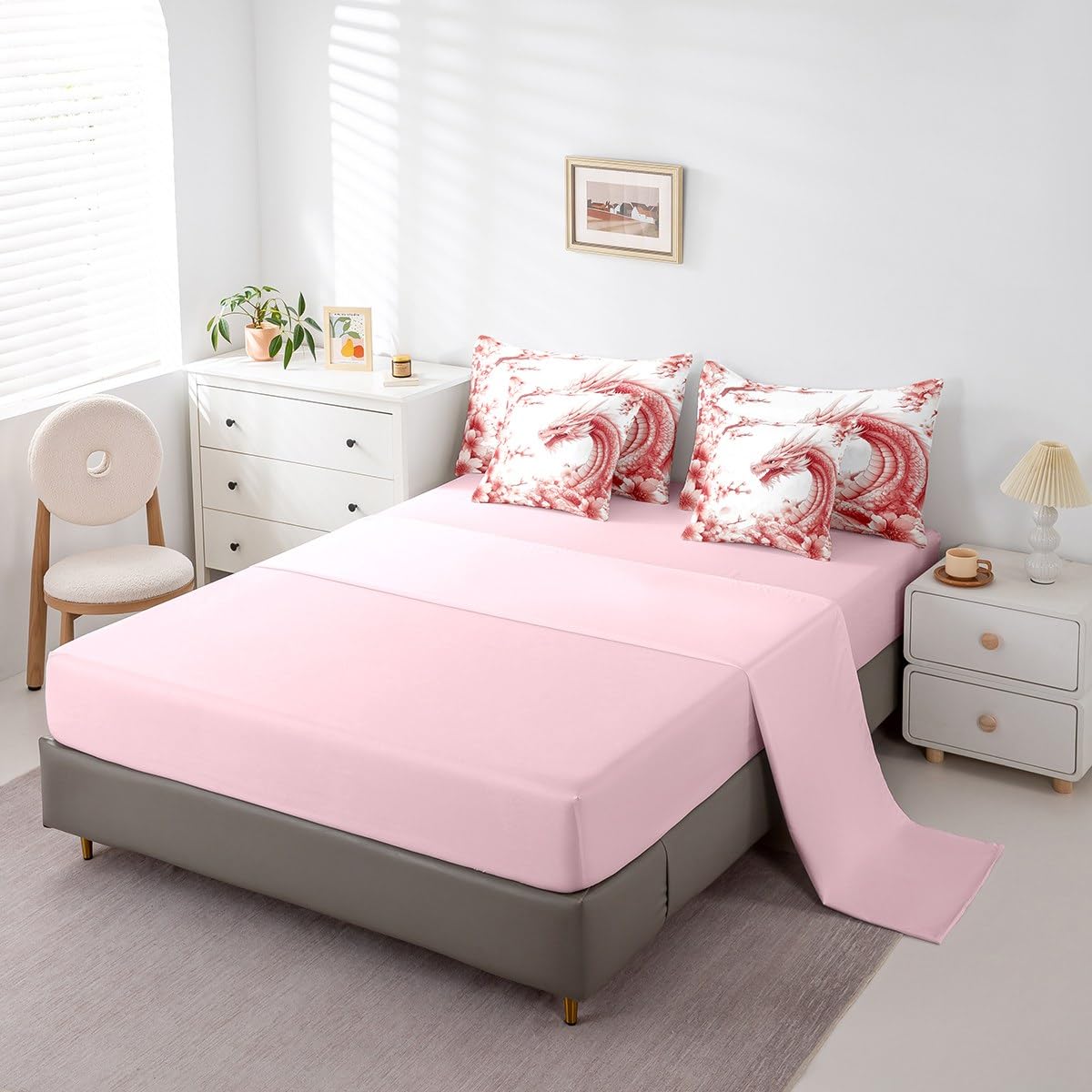 Erosebridal Fantasy Dragon Twin Comforter Set 7 Piece Magical Dragon Bed in A Bag Mysterious Wildlife Animal Bedding Set for Kids Boys Girls,Romantic Cherry Blossom Sheet Set with Comforter